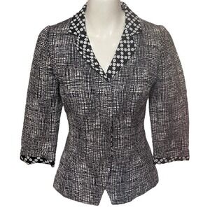 Andrew Gn Knit Black & White Blazer with Floral Trim and Lining Size 36